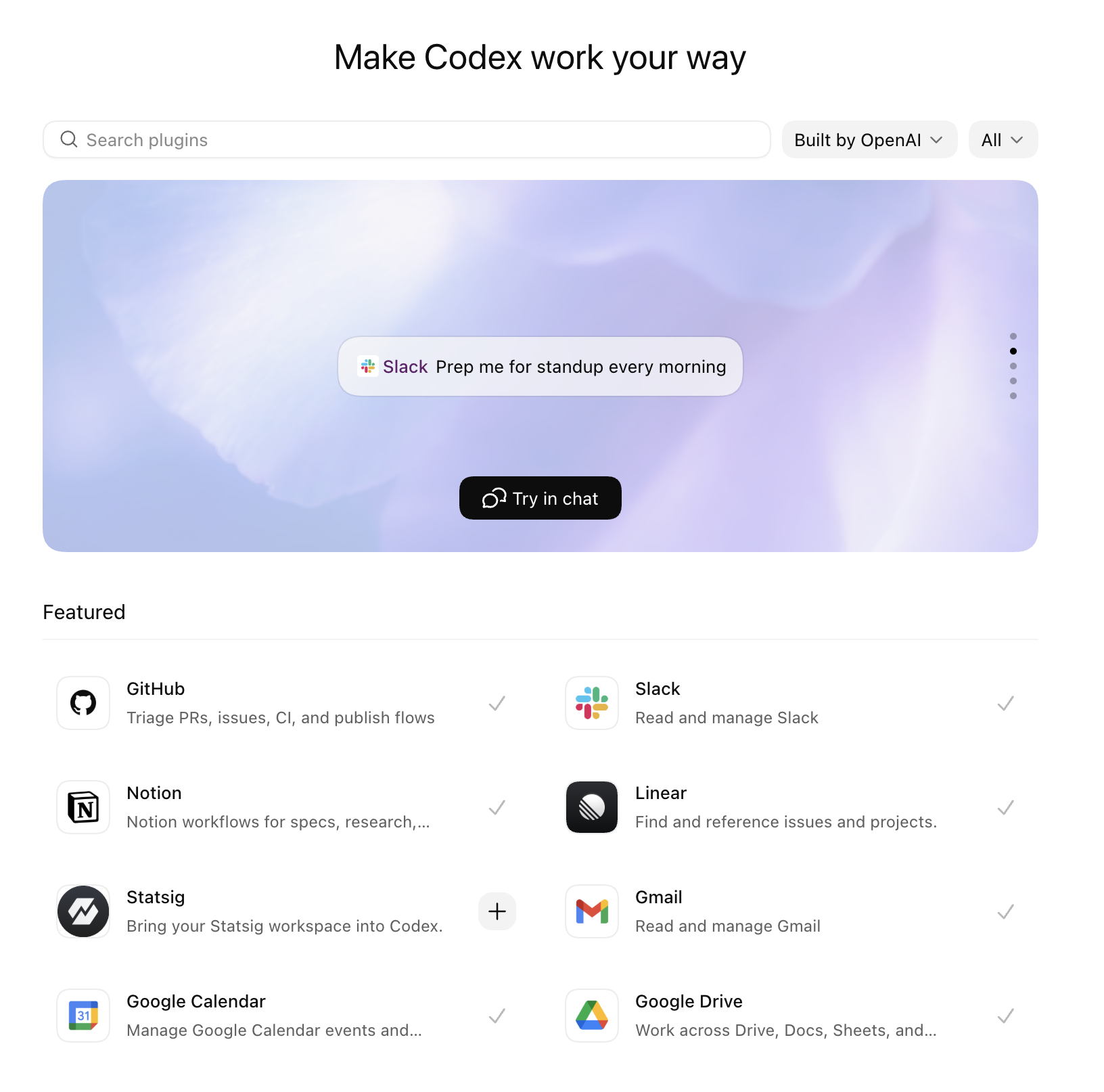 Codex plugins screen showing Slack, Gmail, Calendar, and other installed tools